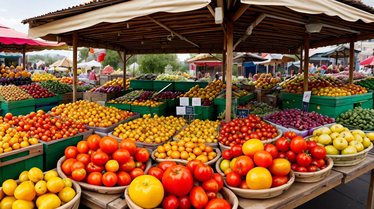 Vocabulaire espagnol illustré par un étal de fruits et légumes colorés sur un marché